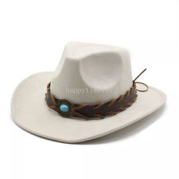 New Ethnic Minority Woollen Felt Cap Men Women Western Cowboy Top Hat Popular Wide Brim Jazz Fedora Hats for Party Church