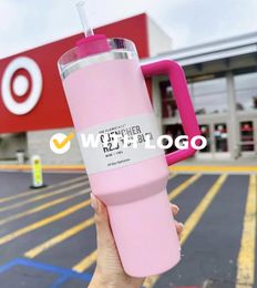 US Stock Pink Flamingo Tumbler Quencher H2.0 1:1 Copy With Logo 40oz Stainless Steel Cups handle Lid And Straw 2nd Generation Car mugs Water Bottles i1211