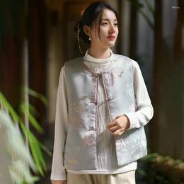 Women's Trench Coats Chinese Autumn And Winter Cotton Vest Women Stacked Retro Embroidery Tops Style Satin