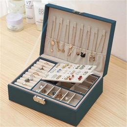 New Double-Layer Jewelery Box High Capacity Earrings Storage Box Leather Ear Stud Ornament Multi-Function Large Jewellery Box 210315200q