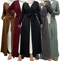 Ethnic Clothing Muslim Islamic Thick Cardigan Coat For Women Open Front Knitted Abaya Kaftan Winter Warm Robe Modest Sweater Dress S-2XL