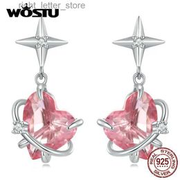 Stud WOSTU Real 925 Sterling Silver Girly Planet Stud Earrings For Women Heart Pink Crystal Charm Drop Earring Wedding Jewelry Gift YQ231211