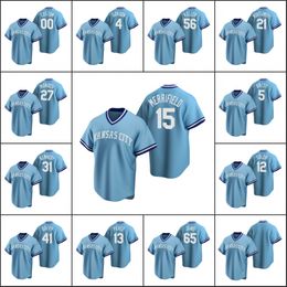 Kansas''City''Royals Men 13 Salvador Perez 5 George Brett 41 Danny Duffy Custom Women Youth Cooperstown Collection Road Jersey