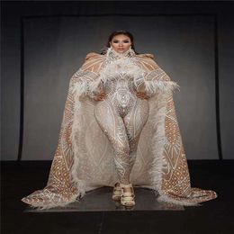 Party Decoration T55 Ballroom Dance Stage Costume Feather Cloak Female Singer Perform Outfit 3D Printing Stretch Leotard Jumpsuit 280S