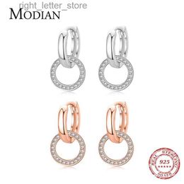 Stud Modian Rose Gold Colour Circle Drop Earrings Classic 925 Sterling Silver Round Clear CZ Dangle Earring For Women Wedding Jewellery YQ231211