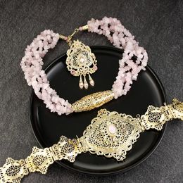 Wedding Jewellery Sets Sunspicems Chic Pink Stone Morocco Jewellery Sets Metal Belt Multilayer Choker Neckalce Caftan Brooch Arabic Bride Wedding Jewellery 231208