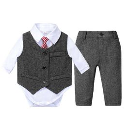 Clothing Sets Baby Clothes Vest Outfit Suit Formal Boy Set Tie Bow White Romper For 9 12 18 24 Months Party Birthday Kid Gentleman G Ot32G