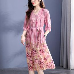 Casual Dresses Summer For Women Elegant 2023 V-neck Three Quarter Sleeve Real Silk Women's Clothing Floral Print Long Dress A-line