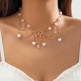 Pendant Necklaces IngeSight.Z Elegant Butterfly Heart Imitation Pearl Crystal Necklace Women Punk Multi Layer Tassel Metal Clavicle Chain