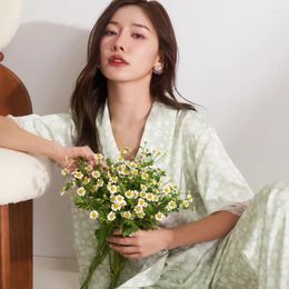Women's Sleepwear 2023 Ice Silk Pyjamas Female Summerhin Single Collar Green Flower Senior Can Wear Short Sleeves For Home Clothes