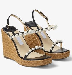 Luxury Brand Women Amatuus Sandals Shoes Latte Nappa Latte Wedge with Pearls & Crystal embellishmen Lady Party Wedding Walking EU35-43