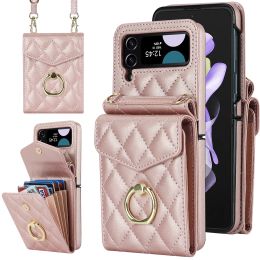 Crossbody Ring Holder Wallet Phone Case for Samsung Galaxy Z Flip 5 4 Flip4 5G Flip3 Folding Leather Lanyard Bag Cards Slot Pocket Shockproof Cover