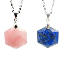 JLN Star Of David Stone Pendant Lapis Red Jasper Rose Quartz Amethyst Tiger Eye Six Pointed Stone Pendants With Stainless Steel Chain Necklace For Girls Women