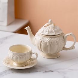 Milky Embossed Ceramic Pot Coffee Cup Saucer Creative European Afternoon Tea Teapot Teacup Simple White Porcelain308w