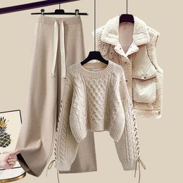 Women s Two Piece Pants Plus Size Women Spring Autumn Set Thickened Tank Top Knitted Sweater High Waist Wide Leg Trousers Casual Three 231211