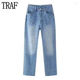 Women's Jeans High Waist For Women Blue Pearl Bead 2023 Faded Straight Leg Denim Trousers Streetwear