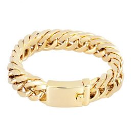 21 5CM 14MM BRAND NEW HIGH QUALITY HEAVY MEN'S Jewellery GIFT BIKER 316L STAINLESS STEEL CUBAN CURB LINK GOLD BRACELET BANGLE270t