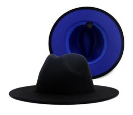 Black with Blue Bottom Patchwork Panama Wool Felt Jazz Fedora Hats Women Men Wide Brim Patry Cowboy Trilby Gambler Hat with Belt B2517900