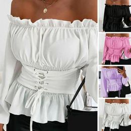 Women's Blouses Women Fall Top Off-shoulder Elegant Shoulderless Ruffle Shirt With Lace Up Waist Lantern Sleeves For Solid Ladies