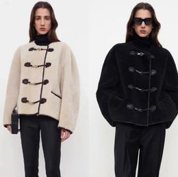 Damenjacken, Kaschmir-Langarm-Tweed für TOTEME Winterfrauen, französischer Lederknopf, Rundhalsausschnitt, einreihiger Kurzmantel