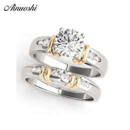 AINUOSHI Trendy 925 Sterling Silver Women Wedding Engagement Ring Sets Yellow Gold Colour 1ct Round Aniversary anillos de plata Y20215K