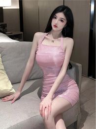 Casual Dresses WOMENGAGA Sparkling Pink Slim Mini Dress 2023 Shiny Sexy Backless Halter Neck Sweet Fashion Tops OU7R