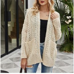 Women's Knits Soft Cable Knit Cardigan Hollow Out Knitted Sweater Long Sleeve Pockets Vintage Knitwear Sweaters Women Casual