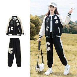 Clothing Sets Spring Autumn Girl Cotton Alphabet Contrast Zip Sweat Varsity Jacket Sweatpant School Kids Tracksuit Child Jogger Outfit