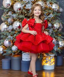 Girl Dresses Red Ball Gown Flower Off Shoulder Sequins Birthday Party Mini Bow Tiered Ruched Kids First Communion Gowns