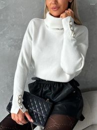 Women's Sweaters Sweater Tops Winter Fashion Striped Woolen Turtleneck Cuff Button Black White Casual Loose Women Streetwear