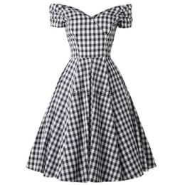 Basic Casual Dresses Retro Vintage 50s Rockabilly Casual Dress Off The Shoulder Black Plaid England Style Casual Party Dresses Pin Up Women Clothing YQ231211