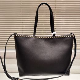Designer Women Rivet Design Large Tote Bag Italy Luxury Brand V Black Nappa Leather Solid Colour Shoulder Bags Lady Crossbody Strap Brown Shopping Handbag 35cm