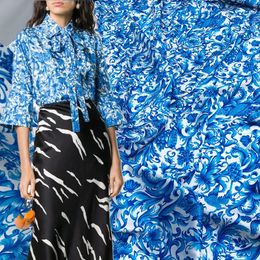 Fabric and Sewing Printed Blue White Porcelain Pattern Imitation Silk Stretch Satin Polyester Soft Fashion Ladies Shirt Scarf Diy Cloth 231211