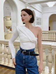 Women's T Shirts Fashion 2023 Autumn Tight Half Sleeves Jumpsuit Sexy Slim Fit Slimming One-Shoulder Ruched Triangle