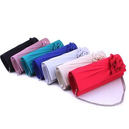 Women Satin Bridesmaid Wedding bag Rose Flower Ruched Clutch Purse Banquet Party Evening Handbags With Chain230b