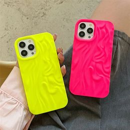 Fluorescent Yellow 3D Frosted Folds Pattern Phone Case For iPhone 15 14 13 11 12 Pro Max Japan Cute Silicone Shockproof Cover