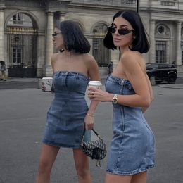 Casual Dresses One Line Neck Denim Bra Dress Off-Neck Tight Waist Tube Top