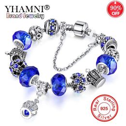 YHAMNI Original 925 Silver Crown Pendant Charm Bracelets Female New European Style Crystal Beads Bracelet For Women Jewelry Gift S201M