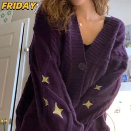Women's Knits Tees Autumn Speak Style Now Purple Cotton Cardigan Women Winter Female Star Embroidered Knitted Cardigan Sweater Y2k Long Tops 231211