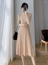 Casual Dresses 2023 Winter In Chic Elegant Office Lady Sweater Dress Women Buttons Petal Sleeve Half High Collar Long Knitting
