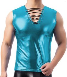 Men's T Shirts Vinyl Metallic V-neck Lace-up Mens Tank Tops Party Show Club Sleeveless Slim T-shirt Male Shiny Fitness Sports Vest Blouse