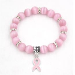 Pack Breast Cancer Awareness Jewelry White Pink Opal Beaded Bracelet Ribbon Charm Bracelets&Bangles Bracelets251E