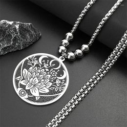 Pendant Necklaces Wicca Lotus Stainless Steel Pendants For Men Black Silver Color Moon Eye Long Chain Necklace Jewelry Colgante Hombre