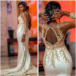 Aso Ebi Arabic Luxurious Lace Beaded Evening Dresses Sheer Neck Mermaid Prom Dresses Long Sleeves Formal Party Second Reception Gowns BC5150