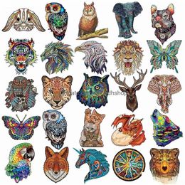 Puzzles Wooden Jigsaw Brightly Coloured Wolf Owl Eagle Cat Senior Animal Intellectual Toy For Adts Drop Delivery Toys Gifts Dhdjx