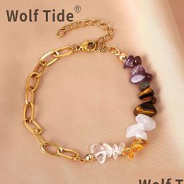 Beaded 2024 Natural Purple Crystal Stone Bracelets Stainless Steel Double Panel Link Bangle For Women Womens Friends Charms Drop Del Dha2J