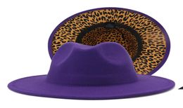 New Purple and Leopard Print Patchwork Dresses Cowboy Jazz Fedora Hats Big Brim Women Men Panama 2 Tone Gambler Party Hat5576511
