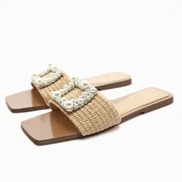 2023 TRAF Womens Summer Sandals Flats Pearl Fashion Squared Toe Slippers Female Casual Woven Flip-flops Elegant Outdoor 4256