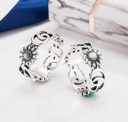 Flower small daisy ring s925 sterling silver retro distressed black petals turquoise ring fashion trend men and women ring9067488