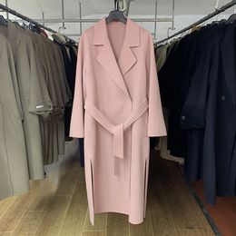 Side slit pink Australian wool coat fashionable long double-sided cashmere coat for women